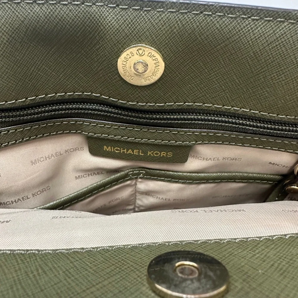 Michael Kors Signature Logo Satchel Brown Olive Green Two Tone Handbag Gold HW